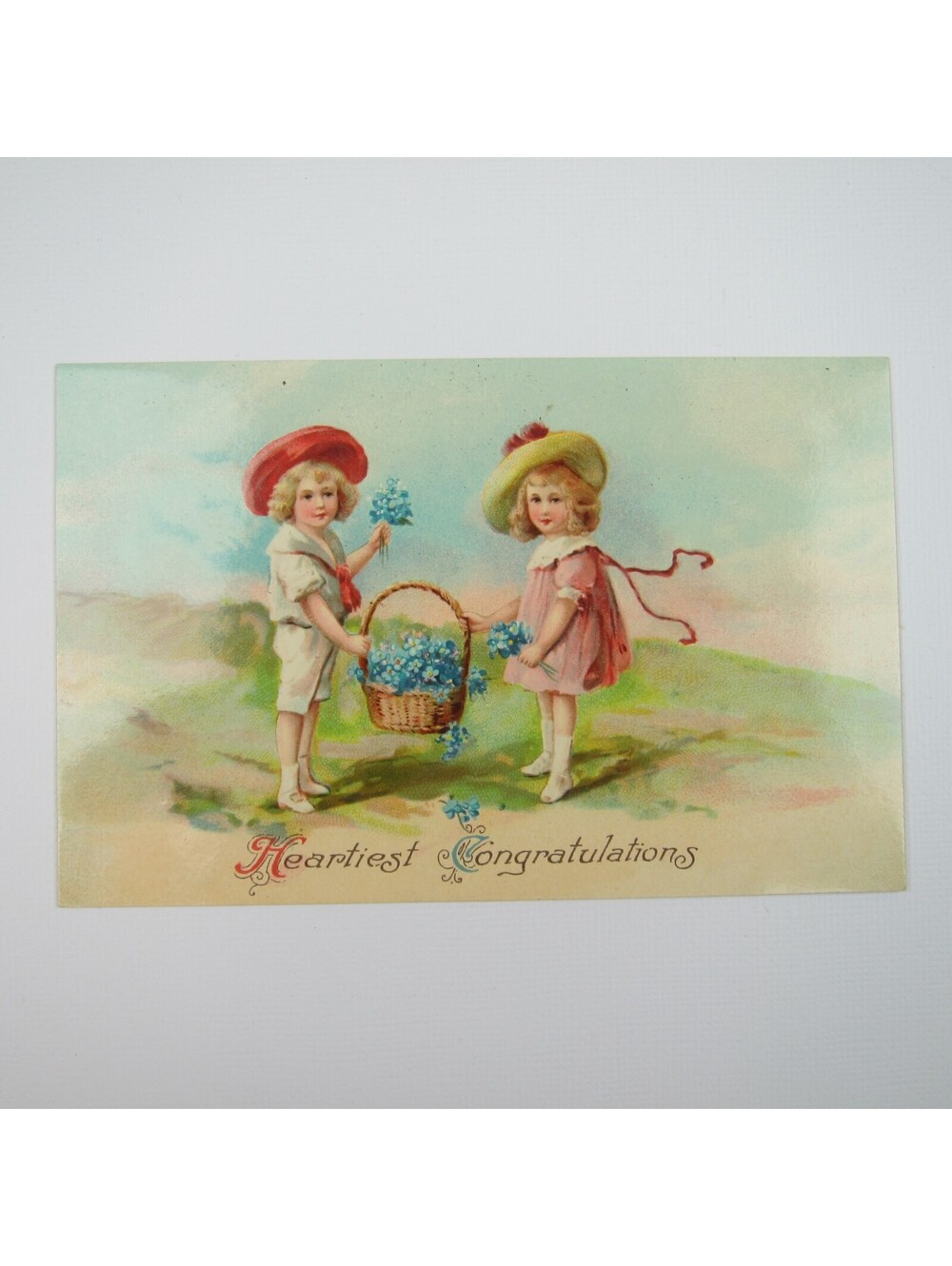 Postcard Congratulations Antique Boy Sailor Suit Girl Pink Dress Blue Flowers